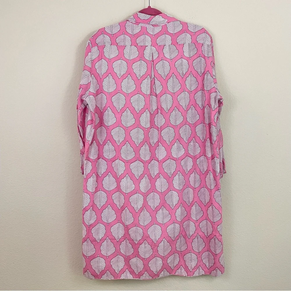 Holly Shae Pink Leaf Print Hand Block Cotton Shift Dress  One Size - Picture 7 of 8